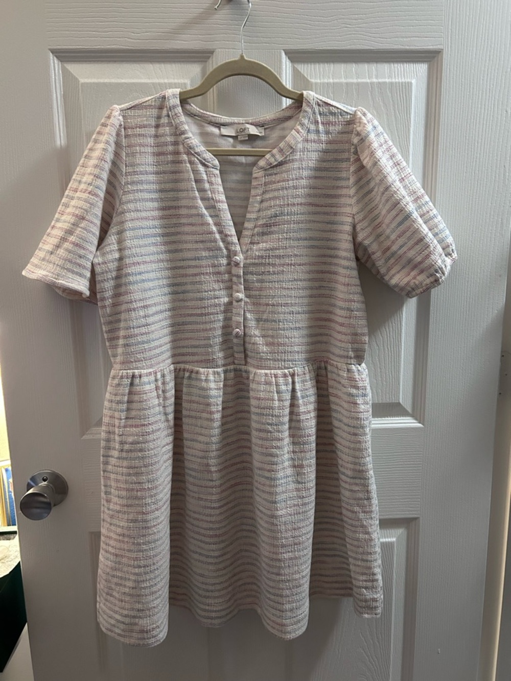 LOFT Whisper Stripe Cotton Dress in White with Light Pink and Light Blue